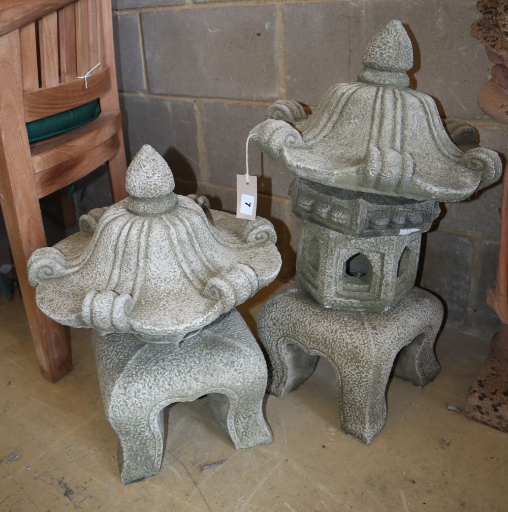 Two reconstituted stone Chinese style garden ornaments, H.58cm (one incomplete)